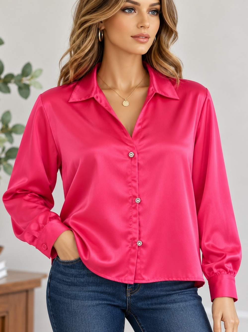 Sweet Rain XL Hot Pink Satin Blouse Rhinestone Jeweled Buttons Long Sleeve